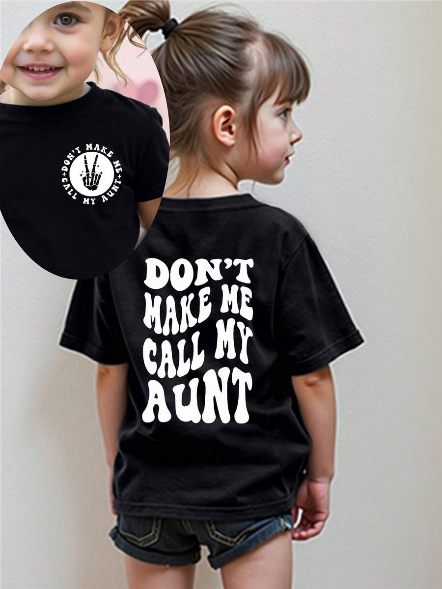 SHEIN Áo thun cổ tròn tay ngắn họa tiết tối giản giản dị cho bé gái, phù hợp cho mùa hè - màu đen - Xem 1