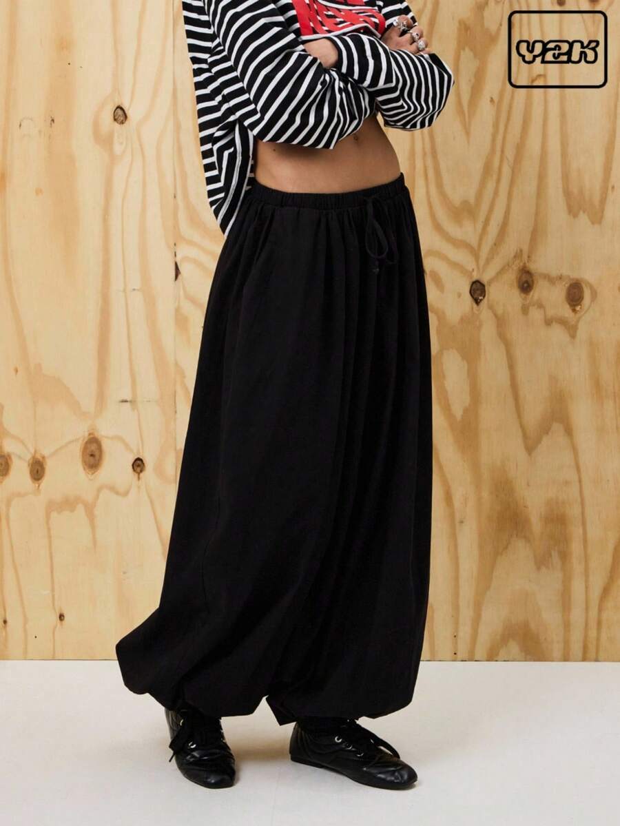 COUREZ Low Rise Extreme Parachute Pants With Elasticated Waist /Y2K Going Out Spring Gothic Club Sexy - Black - View 1