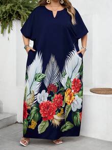 SHEIN CURVE+ Spring And Summer Autumn And Winter Elegant Navy Blue Woven Notched Kaftan Dress Plus Size Dresses