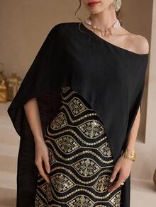Al Najma Women's Vintage Elegant Asymmetrical Shoulder Arabic Style Dress - Black - View 1