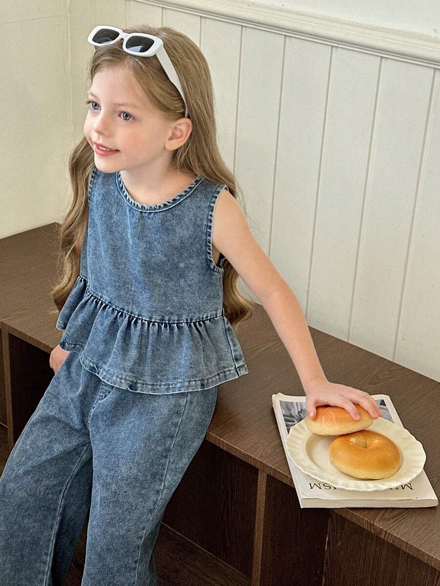 Elladie kids 2 Peças Conjunto Denim Casual Feminino, Inclui Top Denim de Manga Curta com Babado e Calça Denim Reta de Ajuste Relaxado, Tecido de Algodão Confortável, Adequado para Uso Diário, Primavera/Verão - Lavagem Média - Visão 1