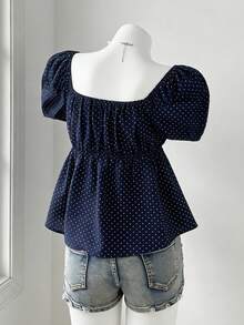 Sweetra Plus Size Women Comfortable Square Neck Polka Dot Print Short Sleeve Blouse