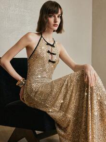 Arave 女士亮片V领露背优雅派对连衣裙 - 香檳色 - 查看 10