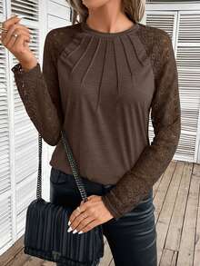 SHEIN Frenchy Camiseta de cuello redondo con detalles de costura y mangas raglán con encaje de contraste - Marrón - Ver 5
