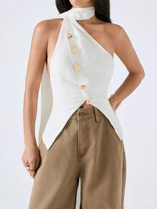 LYSMO 2026 New Arrive Minimalism Spring/Summer Women's Metal Button Neck Wrap Cape Backless Asymmetrical Top - Spring/Summer 2026 New Arrival - White - View 4