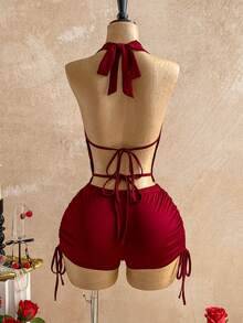 Soleia Women's 2-Piece Set Burgundy Red,Summer,70s,Night Out,Party,Elegant Bohemian Tropical Draped Neck Backless Tie Strap Top&Drawstring Shorts Outfit - Burgundy - View 2