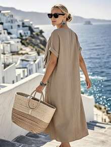 Breezaya Đầm maxi vải nhăn mới về năm 2026 - Cổ tròn, tay ngắn, vai rớt, dáng rộng với chi tiết thắt nơ, phong cách công sở tối giản, đi nghỉ mát, màu Dopamine, xanh băng, thanh lịch tự nhiên. - màu nâu - Xem 3