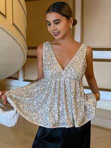 Livesso V领荷叶边休闲女式吊带背心 - 銀色 - 查看 4