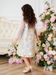 SHEIN 1pc Girls Royal Blue Butterfly Collar Pearl Decor Transparent Organza Long Sleeve Dress,Elegant Vintage Traditional Autumn Wedding Party Princess - Blue - View 2