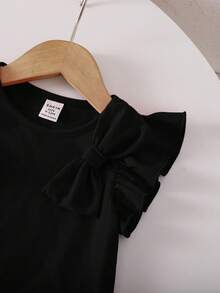 SHEIN 女婴可爱夏季百搭黑色针织蝴蝶袖上衣 - 黑色 - 查看 4