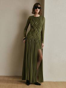 Arave Women's Knitted Elastic Mesh Fabric Crew Neck Raglan Sleeve Asymmetrical Patchwork Design Elegant Date Long Dress - Army Green - View 2