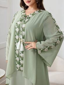 Al Najma Plus Size Women Floral Embroidery Drawstring Neck Casual Loose Party Flare Sleeve Arabic Style Dress