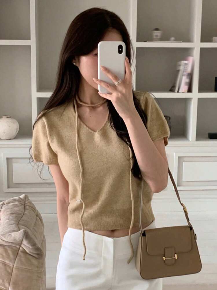 V-Neck Plain Sweet Minimalist Loose Short Sleeve Knit Sweater For Women