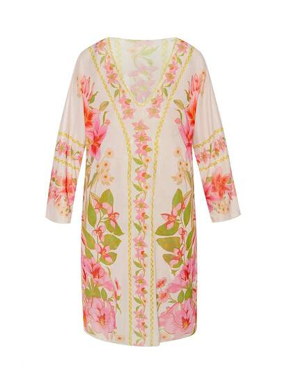 Swim Vcay Women's Summer Beach Casual Elegant Tropical Plant Print V-Neck 3/4 Sleeve Dress, Flattering Neckline, Loose Fit + Forgiving Design, Mesh Sheer Cover-Up Dress, Suitable For Beach, Pool And Other Summer Occasions (Printed Design)