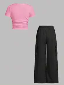 SHEIN EZwear 女士加大码纯色圆领短袖上衣搭配阔腿工装裤休闲套装 - 彩色 - 查看 2