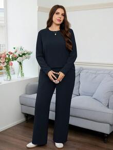 SHEIN LUNE 两件套加大码休闲纯色长袖上衣和迷彩印花长裤套装，春秋季日常休闲穿着，必备单品，迷彩印花两件套度假装 - 藏蓝色 - 查看 5