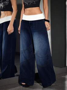 Jeanoix Große Größen Jeans mit kontrastierendem Bund, lässig und vielseitig mit weitem Bein - Dunkle Waschung - Übersicht 4