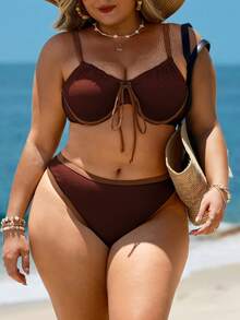 Swim Lushoire Plus Size Textured Colorblock Steel Hoop Swimwear Set, Vacation - Coffee Brown - View 2
