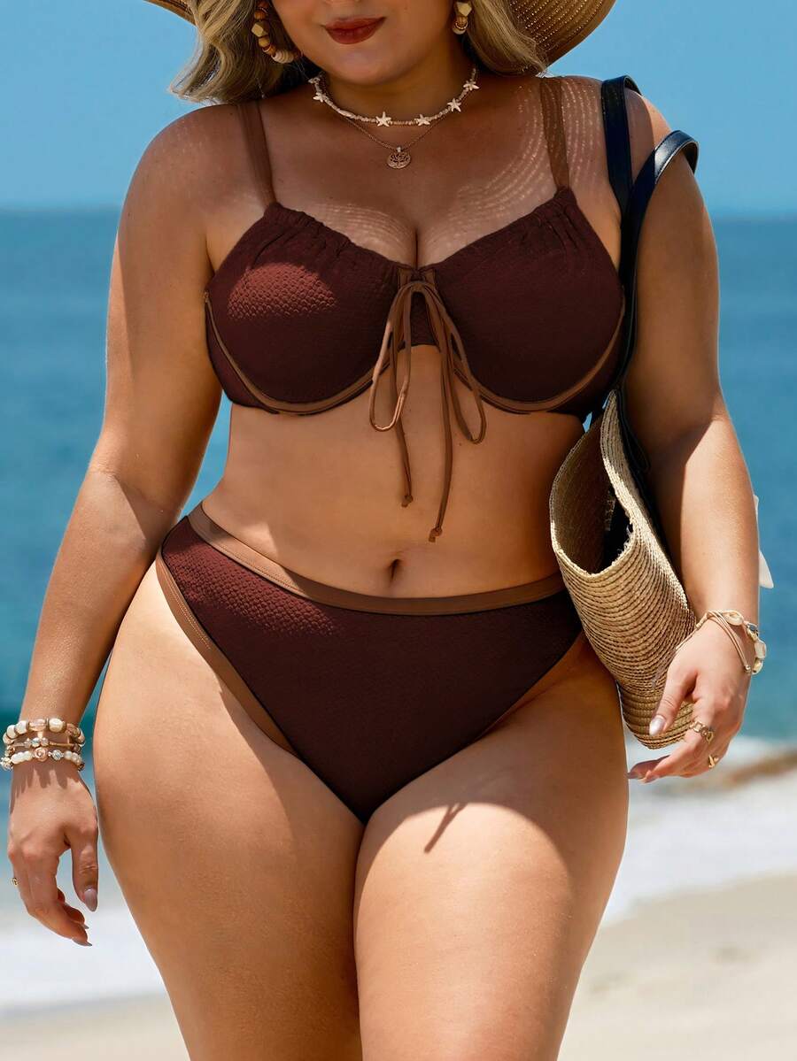 Swim Lushoire Plus Size Textured Colorblock Steel Hoop Swimwear Set, Vacation