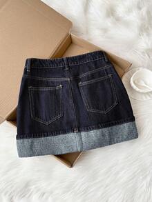 Comfortcana 女士休闲日常通勤时尚卷边牛仔迷你裙，夏季 - 藍色 - 查看 2