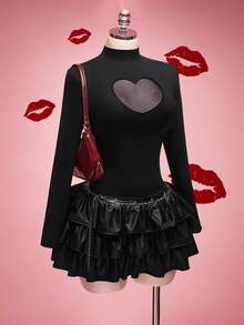 SHEIN ICON Áo kiểu dáng ôm sát, cổ tàu, tay dài, hình trái tim dành cho nữ cỡ lớn. - màu đen - Xem 7