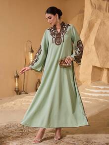 Layrah Women's New Fashion Elegant Luxurious Colorblock Floral Collar, Cuff, Sequin Embroidery, Rope Tie, Irregular Ruffle Flared Sleeve Maxi Dress, Spring/Summer Turkish & Arabic Traditional Kaftan - Green - View 3