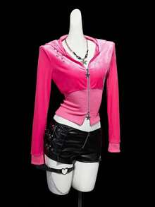 SHEIN ICON Women's Fashion Color Block Zip-Up Sweatshirt - Pink - View 3