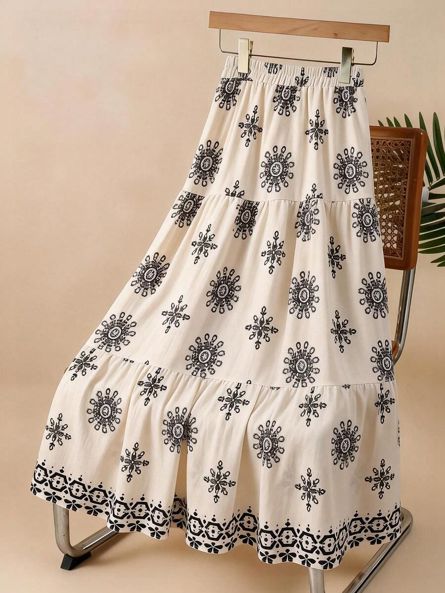 GlowEve 优雅印花图案半身裙，适合海滩度假 - 米色 - 查看 1