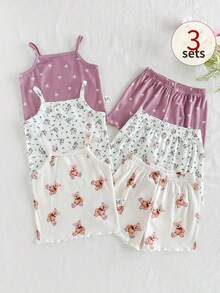 SHEIN 女婴舒适百搭甜美可爱吊带短裤套装，多件套夏季服装 - 彩色 - 查看 1