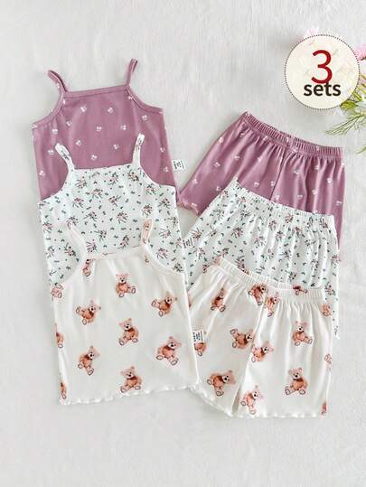 SHEIN 女婴舒适百搭甜美可爱吊带短裤套装，多件套夏季服装