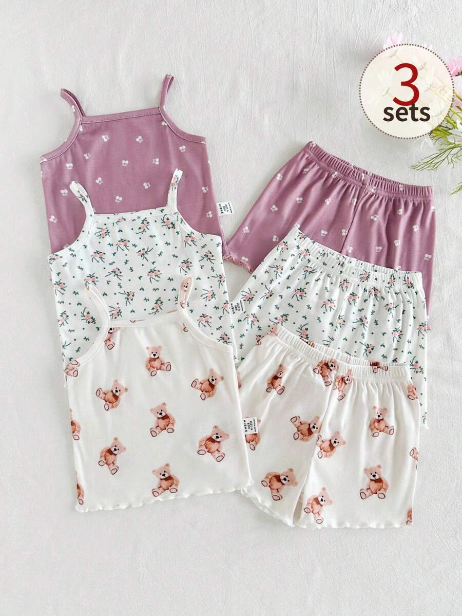 SHEIN 女婴舒适百搭甜美可爱吊带短裤套装,多件套夏季服装 - 彩色 - 查看 1