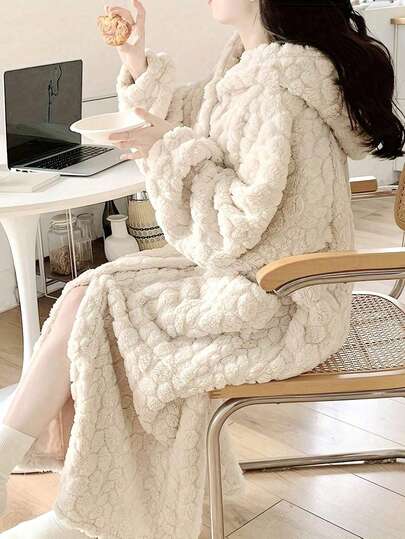 Peça Roupão Longo com Capuz de Flanela Grossa e Macia, Bolso, Estampa Jacquard Sólida, Roupa de Dormir para Mulheres e Casais, Outono e Inverno, Uso Doméstico e Banheiro