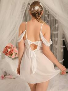 DelicateAllure Plus Size Off Shoulder Lace Patchwork Mesh Mini Nightgown - White - View 2