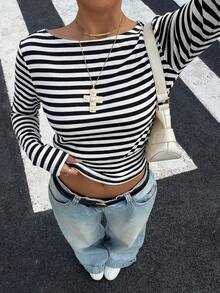 Muchica Women's Yellow Striped Long Sleeve Knit Colorful Striped T-Shirt - Black and White - View 4