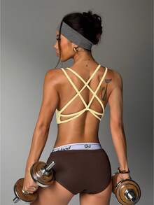 女士无缝瑜伽运动文胸，交叉露背设计 - 黃色 - 查看 6
