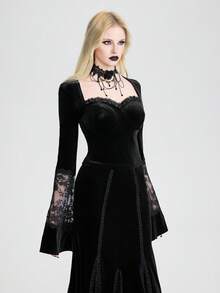 Breakform Women's Gothic Vintage Style Square Neck Lace Trim Velvet Patchwork Flare Sleeve Sexy Crop Top, Suitable For Holidays, Daily Wear, Back To School - Black - View 3