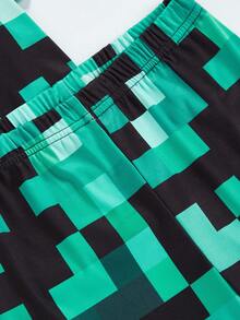 SHEIN GraphicGems Bộ quần áo bé trai in họa tiết kẻ caro kỹ thuật số, cổ tròn, tay ngắn, ôm sát, làm từ chất liệu co giãn thoải mái, thích hợp mặc thường ngày vào mùa xuân/hè. - màu xanh lá - Xem 6