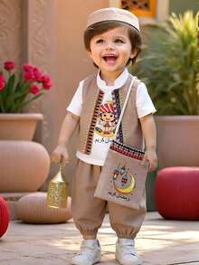 SHEIN 四件套包括：斜挎包、可爱撞色卡其色背心外套、白色T恤、松紧腰卡其色灯笼裤，适合生日派对、锐舞派对、晚宴、演出、婚礼、迎婴派对、洗礼和一周岁生日庆祝活动。 - 彩色 - 查看 4