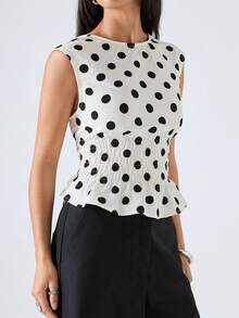 LYSMO Women's White Polka Dot Short Sleeve Cropped Top, Spring/Summer New Arrival - Beige - View 6