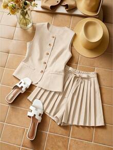 Franclia Women's Elegant Commute & Date Sleeveless Pleated 2 Pieces Set - Light Yellow - View 1