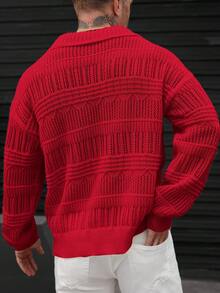 Manfinity Homme Áo len nam dài tay cổ bẻ màu trơn, áo sơ mi nam móc len, áo len đỏ nam, áo len nam, áo len đỏ nam, áo len dệt kim nam, áo thun dệt kim nam - Đỏ - Xem 2