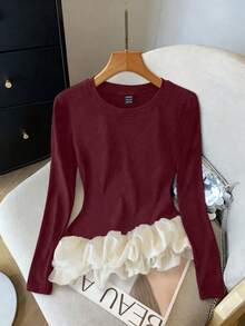 Lyxana Women's Autumn/Winter Knitted Elastic Round Neck Asymmetric Hem Patchwork Color Block Casual T-Shirt - Multicolor - View 3