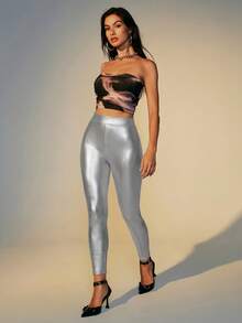 COSMINA Women's Solid Color High Waist PU Leather Fashion Tights, Winter Women, Silver Pants, Leggings, Metallic For - Silver - View 6