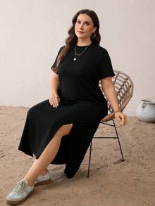 SHEIN Essnce 大码女装春夏时尚休闲弹力舒适日常百搭显瘦黑色短袖中长连衣裙，夏季穿搭，简约风格，极简主义风格，基础款连衣裙 - 黑色 - 查看 5