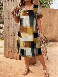 EMERY ROSE Plus Size Plaid Patchwork Print V-Neck Button Decor Dress - Multicolor - View 1