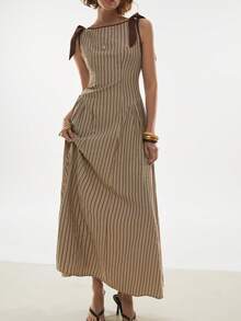 Poéselle 女士条纹蝴蝶结肩部装饰圆领无袖中长连衣裙 - 棕色 - 查看 5