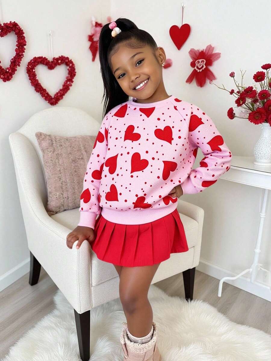 Cute Heart Print Loose Fit Sweatshirt, Versatile For Casual Daily Wear, Holidays, Parties, Valentine's Day - Red - View 1