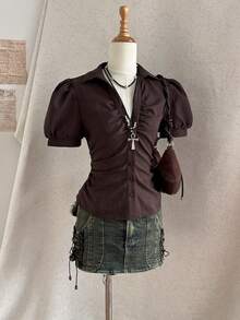 Attitoon Deep Brown V-Neck Vintage Blouse, Waist Cinching Slimming Design Women's Shirt - Brown - View 7