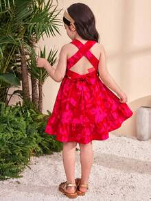 SHEIN 少女编织热带植物印花蝴蝶结装饰松紧腰短裙，假日风格印花吊带裙，适合夏季海滩度假、母女/姐妹亲子装、家庭度假/节日穿着。 - 彩色 - 查看 4