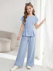 SHEIN Serisse Kids Bộ đồ 2 món cho bé gái tuổi teen: áo ngắn tay màu xanh nhạt trơn và quần ống rộng. - Màu xanh lam - Xem 3